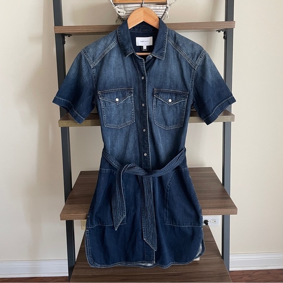 Current/Elliott Blue Denim Belted Pearl Snap Mini Dress, Small - Picture 1 of 13